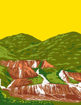 Ilustración de Arte del cartel del WPA de la cascada de oro situado cerca de un pueblo de Jiufen en el distrito de Ruifang, Nuevo Taipei, Taiwán hecho en la administración del proyecto de obras o estilo Art Deco. - Imagen libre de derechos