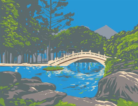 Illustration for WPA poster art of arch bridge of Guanghua Pool at National Chiang Kai-shek Memorial Hall, Zhongzheng District, Taipei City Taiwan done in works project administration or Art Deco style. - Royalty Free Image