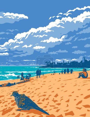 Illustration for WPA poster art of zebra dove and surfer in Waimea Bay Beach within Pupukea Marine Life Conservation District in North Shore, Oahu , Hawaii, USA done in works project administration or Art Deco style. - Royalty Free Image