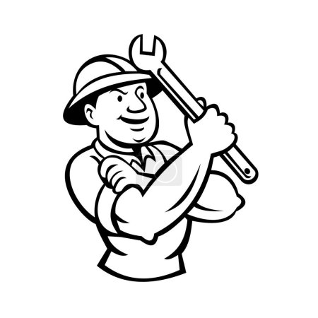 Illustration for Mascot illustration of bust of a diesel service technician, mechanic or diesel technician holding shifter spanner wrench front wearing full brim hard hat on isolated background in retro cartoon style. - Royalty Free Image