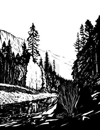 Ilustración de Dibujo de estilo cómico ilustración del río Merced en el valle de Yosemite en el Parque Nacional de Yosemite, Estados Unidos hecho en estilo retro blanco y negro. - Imagen libre de derechos