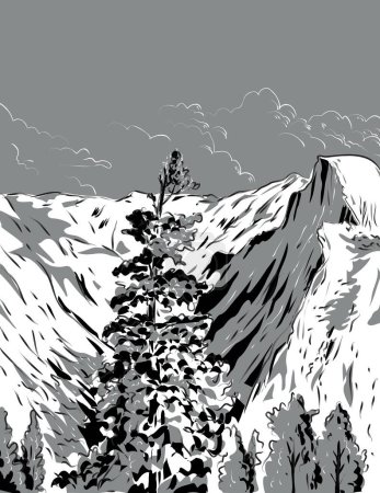 Illustration for Comics style drawing illustration of Half Dome viewed from Wawona Tunnel in the Yosemite Valley in Yosemite National Park, USA done in black and white retro style. - Royalty Free Image