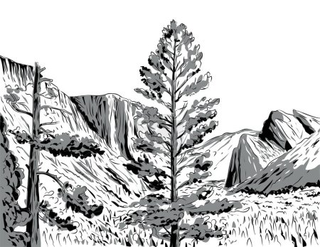 Illustration for Comics style drawing illustration of the Wawona Tunnel vista view of El Capitan, Half Dome, and Bridalveil Fall of Yosemite Valley in Yosemite National Park, USA done in black and white retro style. - Royalty Free Image