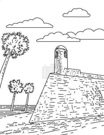 Ilustración de Mono línea ilustración de Fort Marion en St. Augustine, Florida, Estados Unidos el lugar más antiguo de asentamiento europeo en el continente norteamericano hecho en línea de monolina arte en estilo blanco y negro - Imagen libre de derechos