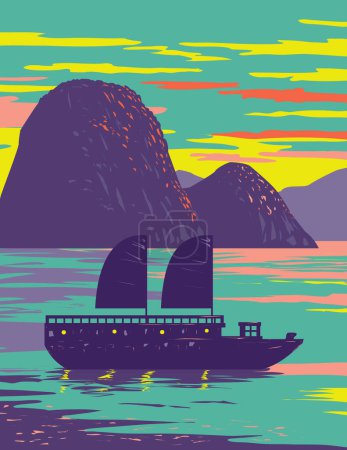 Illustration for WPA poster art of Ha Long Bay or Halong Bay with junk boat during sunset located in Quang Ninh Province in Vietnam done in works project administration or Art Deco style. - Royalty Free Image