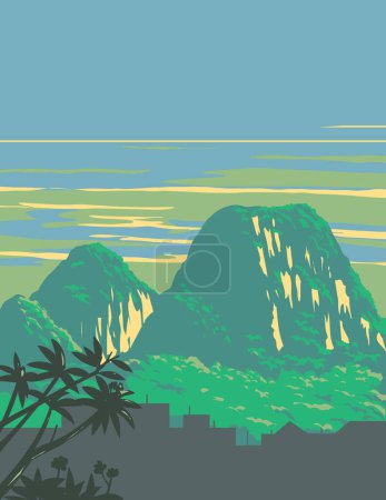 Foto de WPA cartel arte de las montañas de mármol o cinco elementos montañas ubicadas en el distrito de Ngu Hanh Son, al sur de la ciudad de Da Nang en Vietnam hecho en la administración de proyectos de obras o estilo Art Deco. - Imagen libre de derechos
