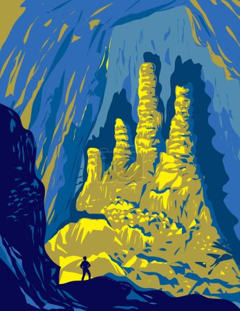 Téléchargez les illustrations : Affiche d'art WPA de l'intérieur de la grotte de Hang Son Doong avec stalagmites dans le parc national de Phong Nha-Ke Bang District de Bo Trach Province de Quang Binh Vietnam fait dans l'administration de projet d'œuvres ou style Art déco. - en licence libre de droit