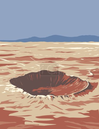 Illustration for WPA poster art of Meteor Crater or Barringer Crater in Coconino County in the desert of northern Arizona, USA in works project administration or Art Deco style. - Royalty Free Image