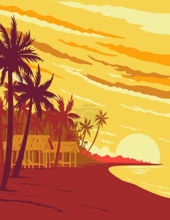 Téléchargez les illustrations : Affiche d'art WPA d'une plage de l'île de Phu Quoc au coucher du soleil dans la province de Kien Giang située dans le golfe de Thaïlande au Vietnam fait dans l'administration de projets d'œuvres ou de style Art déco. - en licence libre de droit