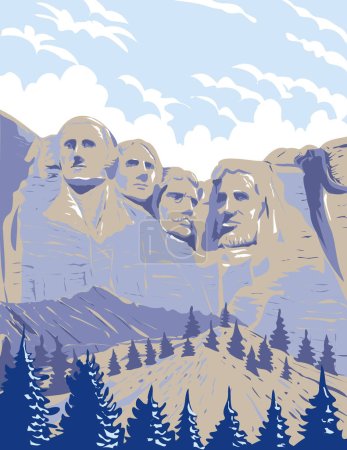 Ilustración de WPA cartel arte del Monte Rushmore Monumento Nacional con colosal escultura llamada Santuario de la Democracia en Black Hills cerca de Keystone, Dakota del Sur EE.UU. en obras de administración de proyectos o estilo Art Deco. - Imagen libre de derechos