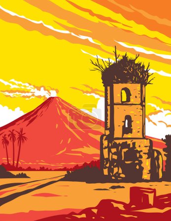 Illustration for WPA poster art of Mayon Volcano and Cagsawa ruins bell tower in Albay, Bicol Region in the Luzon Island of the Philippines done in works project administration or Art Deco style. - Royalty Free Image