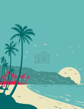 Illustration for WPA poster art of Long Beach Phu Quoc during sunrise  or sunset in Kien Giang Province, Vietnam done in works project administration or Art Deco style - Royalty Free Image