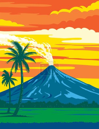 Illustration for WPA poster art of Mayon Volcano Natural Park located in the Bicol Region on southeast Luzon Island Philippines done in works project administration or Art Deco style. - Royalty Free Image