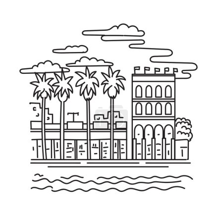 Téléchargez les illustrations : Illustration en ligne mono du quartier de Venice Beach de la ville de Los Angeles dans la région Westside du comté de Los Angeles, Californie États-Unis réalisée en style monoline line art. - en licence libre de droit