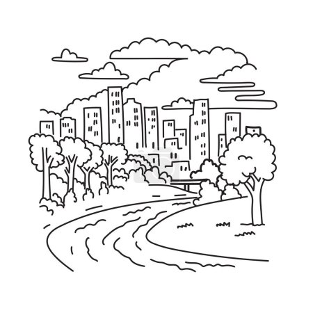 Ilustración de Mono line illustration of Buffalo Bayou Park located along the banks of the Buffalo Bayou near Downtown Houston, Texas in the United States of America USA done in monoline line art style. - Imagen libre de derechos