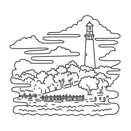 Ilustración de Mono línea ilustración de Currituck Beach Lighthouse en los bancos exteriores de Carolina del Norte en los Estados Unidos de América EE.UU. hecho en línea de estilo de arte monolina. - Imagen libre de derechos