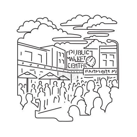 Téléchargez les illustrations : Illustration en ligne mono du Pike Place Market surplombant le front de mer d'Elliott Bay sur Puget Sound au centre-ville de Seattle, Washington aux États-Unis d'Amérique. - en licence libre de droit
