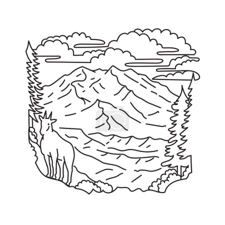 Illustration for Mono line illustration of mountain goat in Denali National Park and Preserve, formerly known as Mount McKinley National Park Alaska n the United States of America USA done in monoline line art style. - Royalty Free Image