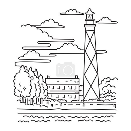 Illustration for Mono line illustration of Cape Lookout Lighthouse in Harkers Island located on the Outer Banks of North Carolina in the United States of America USA done in monoline line art style. - Royalty Free Image