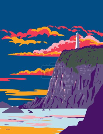 Téléchargez les illustrations : Affiche d'art de l'APM du phare du cap Ashizuri dans le parc national Ashizuri-Uwakai à l'extrémité sud-ouest de l'île de Shikoku, au Japon, réalisée dans le style Art déco ou dans l'administration de projets d'œuvres. - en licence libre de droit