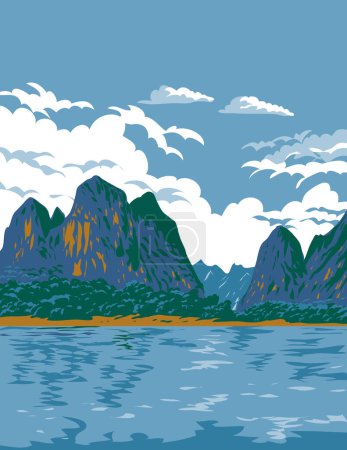 Illustration for WPA poster art of Li River or Li Jiang in the upper reaches of the Gui River in northwestern Guangxi, People's Republic of China done in works project administration or Art Deco style - Royalty Free Image