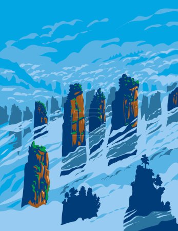 Ilustración de Arte del cartel de WPA de pilares de piedra arenisca de Wulingyuan Área escénica parte de las montañas Wuling ubicadas en la provincia de Hunan, República Popular China hecho en la administración del proyecto de obras o estilo Art Deco. - Imagen libre de derechos