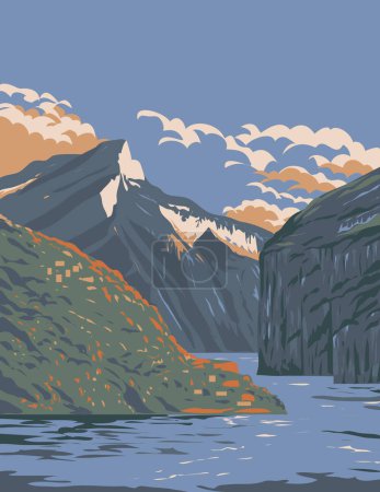 Illustration for WPA poster art of Three Gorges Scenic Area on the Yangtze River in Hubei and Chongqing, People's Republic of China done in works project administration or Art Deco style. - Royalty Free Image