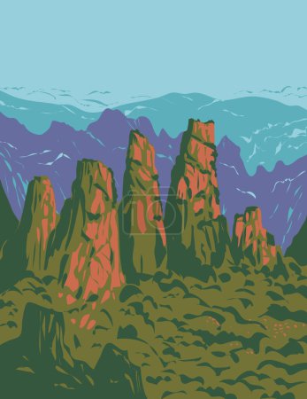 Ilustración de Arte del cartel del WPA del Parque Forestal Nacional Zhangjiajie dentro del área escénica de Wulingyuan ubicada en la provincia de Hunan, República Popular China, hecho en la administración del proyecto de obras o estilo Art Deco. - Imagen libre de derechos