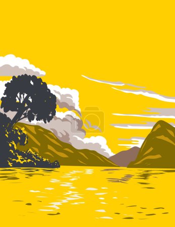 Téléchargez les illustrations : Affiche d'art WPA du lac de Lugano, un lac glaciaire qui est situé à la frontière entre le sud de la Suisse et le nord de l'Italie fait dans l'administration de projets d'œuvres ou de style Art déco. - en licence libre de droit