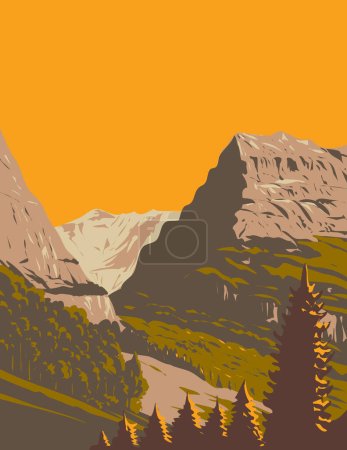 Téléchargez les illustrations : Affiche d'art WPA de la vallée de Grindelwald avec Mattenberg en arrière-plan situé en Suisse fait dans l'administration de projet de travaux ou de style Art déco. - en licence libre de droit