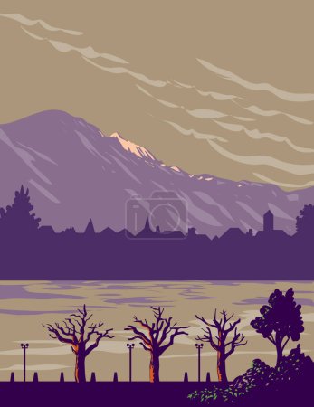 Illustration for WPA poster art of the Interlaken in the Interlaken-Oberhasli district of Bern in the Bernese Oberland region of the Swiss Alps in Switzerland done in works project administration or Art Deco style. - Royalty Free Image
