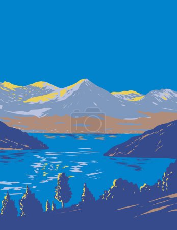 Illustration for WPA poster art of Lake Geneva in the cantons of  Vaud, Geneva and Valais on north side of the Swiss Alps in Switzerland done in works project administration or Art Deco style. - Royalty Free Image