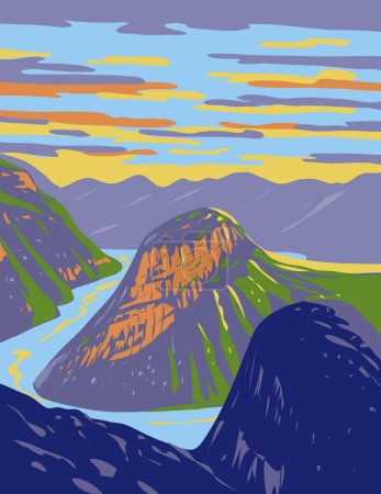 Téléchargez les illustrations : Affiche d'art de la Réserve Naturelle du Canyon de Blyde River ou Réserve Naturelle Provinciale du Canyon de Motlatse située dans l'est de Mpumalanga en Afrique du Sud réalisée dans le style Art Déco. - en licence libre de droit