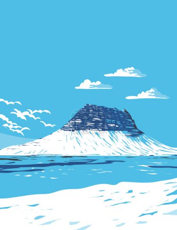Ilustración de WPA cartel arte de Kirkjufell Montaña en la costa norte de la península de Snaefellsnes de Islandia, cerca de la ciudad de Grundarfjorou en Islandia hecho en la administración de proyectos de obras o estilo Art Deco. - Imagen libre de derechos