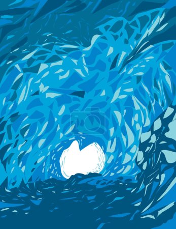 Téléchargez les illustrations : Affiche d'art WPA de la grotte de glace bleue de Skaftafell située sur la langue de Vatnajokull, le plus grand glacier d'Europe situé en Islande fait dans l'administration de projets d'œuvres ou de style Art déco. - en licence libre de droit