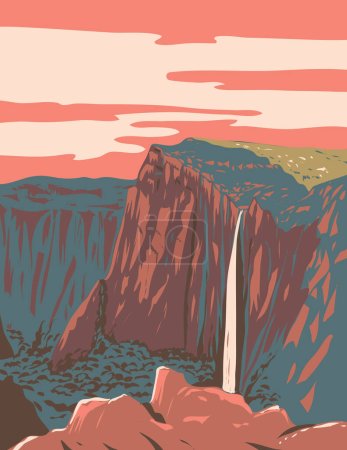 WPA poster art of Basaseachic Falls National Park within in the state of Chihuahua in the heart of Sierra Madre Occidental mountain range Mexico done in works project administration or Art Deco style.