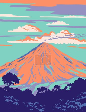 WPA-Plakatkunst des Volcan de Colima oder Volcan de Fuego innerhalb des Vulkankomplexes Colima in Jalisco und Colima, Mexiko, in Projektverwaltung oder Art-Deco-Stil.
