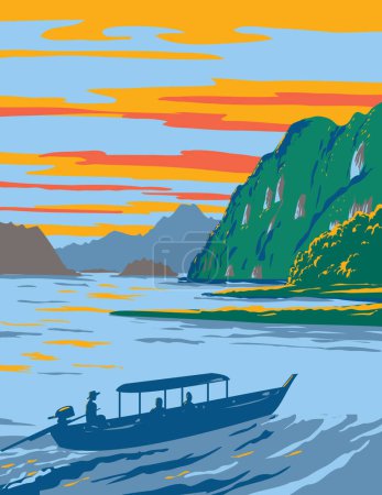 Ilustración de Arte del cartel del WPA del Parque Nacional Khao Sok con el lago Cheow Lan contenido por la presa Ratchaprapha en la provincia de Surat Thani en Tailandia hecho en la administración del proyecto de obras o estilo Art Deco - Imagen libre de derechos