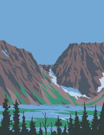 Illustration for WPA poster art of Aasgard Pass or Colchuck Pass in the Enchantments within Alpine Lakes Wilderness of the Cascade Mountain Range in Washington State USA done in works project administration. - Royalty Free Image