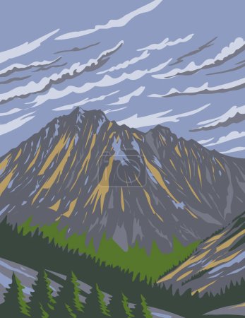 Téléchargez les photos : Affiche d'art WPA du mont Stuart dans les enchantements dans la région sauvage des lacs alpins de la chaîne de montagnes Cascade dans l'État de Washington, États-Unis d'Amérique fait dans l'administration du projet de travaux - en image libre de droit