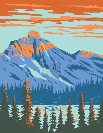 WPA-Plakatkunst von Lila Lake am Rampart Ridge mit Hibox Mountain in der Enchantments Alpine Lakes Wildnis der Cascade Mountain Range im US-Bundesstaat Washington in der Projektverwaltung.