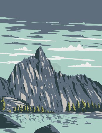 Illustration for WPA poster art of Prusik Peak in the Enchantments within Alpine Lakes Wilderness of the Cascade Mountain Range in Washington State, United States of America done in works project administration. - Royalty Free Image