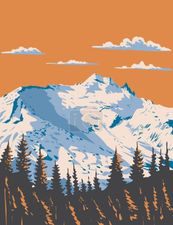 Arte del cartel del WPA del Monte Daniel durante el invierno en los Encantamientos dentro de los lagos alpinos Wilderness of the Cascade Mountain Range en el estado de Washington, EE.UU., realizado en la administración de proyectos de obras