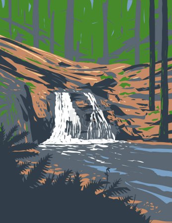 Téléchargez les illustrations : Affiche d'art de la WPA de Rustic Falls sur Cascade Creek dans Moran State Park sur l'île d'Orcas dans Puget Sound Îles San Juan dans l'État de Washington, États-Unis d'Amérique fait dans l'administration du projet de travaux - en licence libre de droit