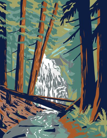 Illustration for WPA poster art of Cascade Falls in Moran State Park on Orcas Island in Puget Sound's San Juan Islands in Washington State, United States of America done in works project administration. - Royalty Free Image