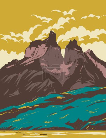 Illustration for WPA poster art of Torres del Paine National Park from Lake Pehoe in the Chilean Patagonia within Magallanes and Chilean Antarctic Region Chile done in works project administration or Art Deco style. - Royalty Free Image
