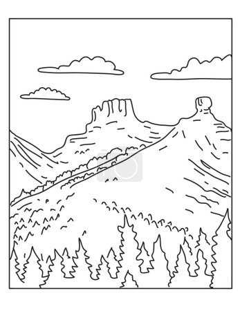 Illustration de ligne mono du monument national de Chimney Rock dans la forêt nationale de San Juan dans le sud-ouest du Colorado fait dans le style d'art de ligne monoline.