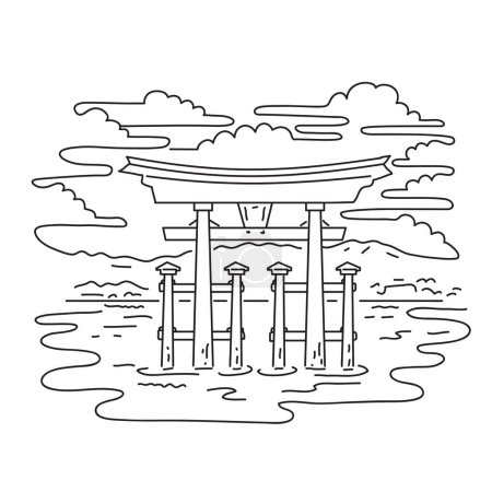 Téléchargez les illustrations : Illustration de ligne mono du Sanctuaire Itsukushima Porte Torii dans la ville de Hatsukaichi dans la préfecture d'Hiroshima au Japon fait dans le style d'art de ligne monoline. - en licence libre de droit
