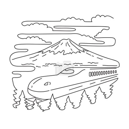 Illustration for Mono line illustration of Mount Fuji and Shinkansen bullet train on the island of Honshu within Fuji-Hakone-Izu National Park in Japan done in monoline line art style. - Royalty Free Image