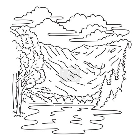 Téléchargez les illustrations : Illustration en ligne mono du parc national de Chubu-Sangaku avec les monts Hida ou les Alpes du Nord dans la région de Chubu au Japon réalisée dans un style monolin - en licence libre de droit